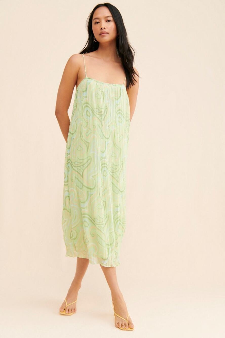 Ronny Kobo Roberta Green Pleated Sleeveless Spaghetti Strap Shift Midi Dress